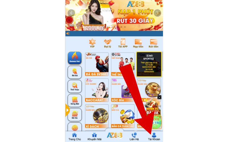 Đăng nhập AZ888 và vào phần tài khoản
